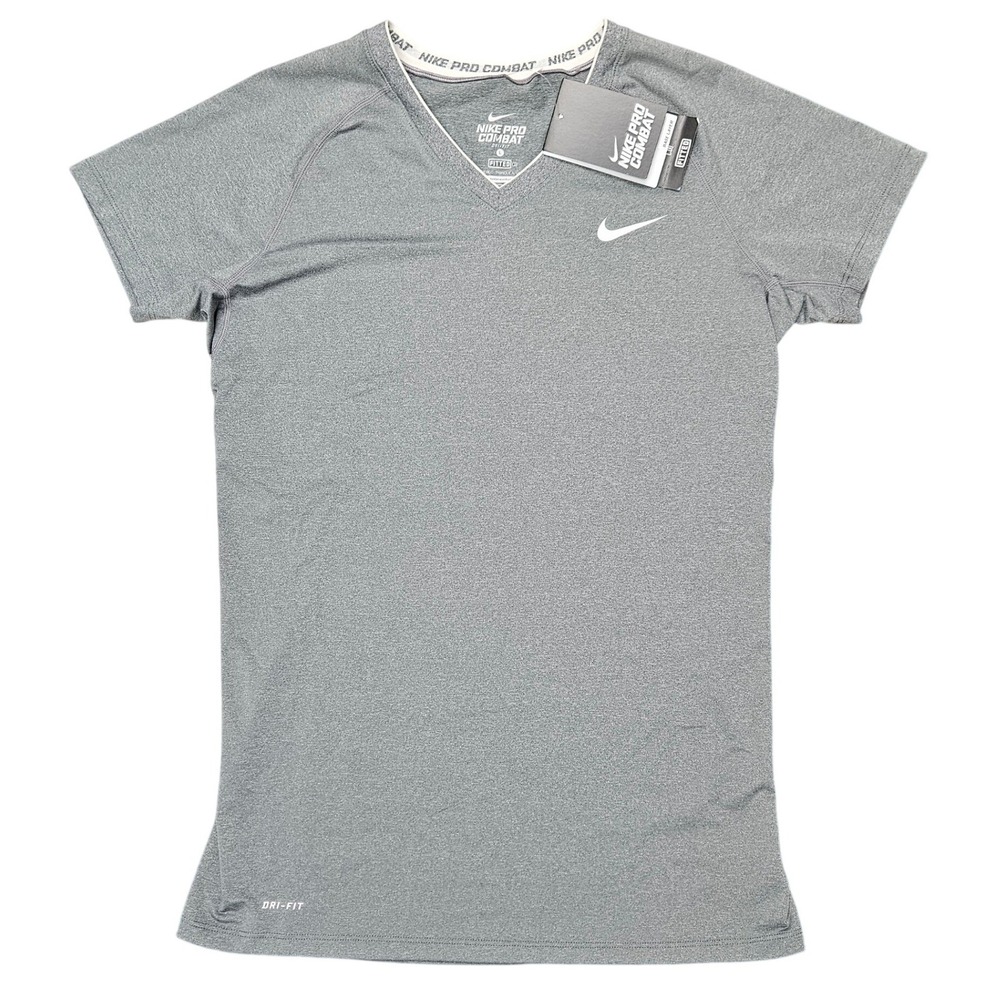 Nike Pro Combat T-Shirt Women L Gray NWT Dri-FIT Fitted V-Neck Athletic Gorpcore